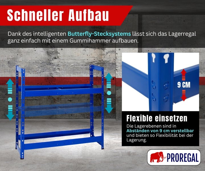 Blaues Metall-Lagerregal mit verstellbaren Fachböden im 9 Zentimeter Raster durch Butterfly-Stecksystem. Proregal Logo.