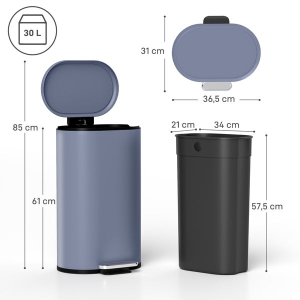 Blauer Treteimer mit 30 Liter Fassungsvermögen und schwarzem Inneneimer. Gesamthöhe bei offenem Deckel beträgt 85 Zentimeter.