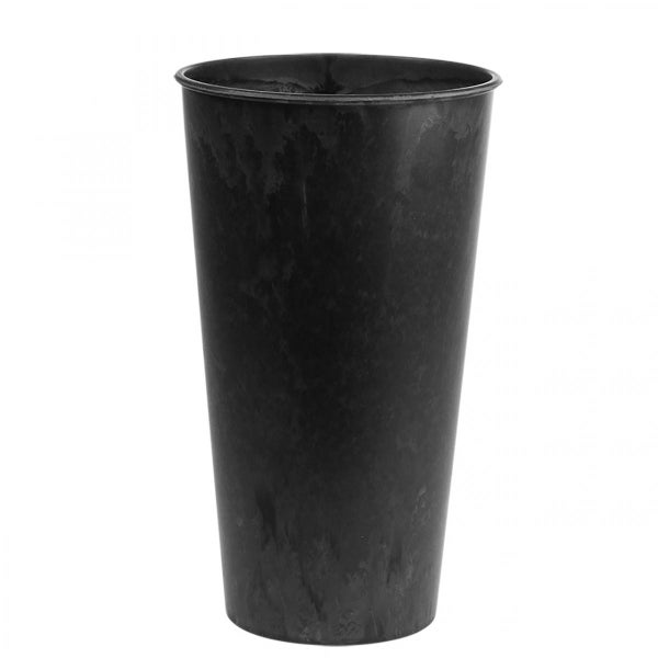 Hoher runder Pflanztopf aus schwarzem Kunststoff mit leicht strukturierter Oberfläche.