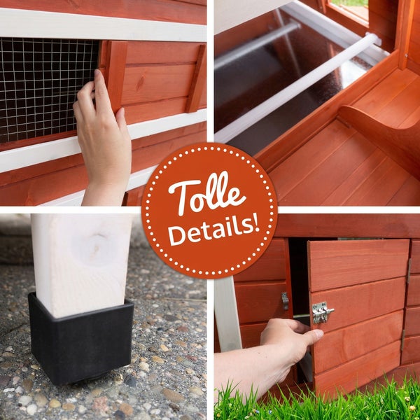 Detailansicht eines Kleintierstalls aus Holz mit Schiebetür, Drahtgitter, Sitzstangen, ausziehbarer Wanne, Kunststofffuß und Metallriegel.