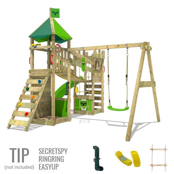 FATMOOSE Spielturm Ritterburg RiverRun mit Schaukel und Rutsche, Spielhaus mit Sandkasten, Leiter und Spiel-Zubehör - apfelgrün
