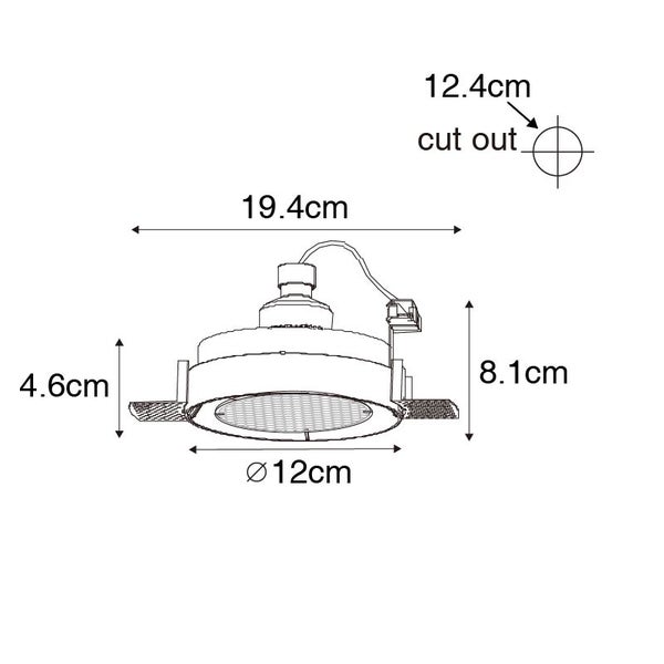 Technische Zeichnung eines LED-Einbaustrahlers mit Maßen: Durchmesser 19,4 Zentimeter, Höhe 8,1 Zentimeter und Lochausschnitt 12,4 Zentimeter.