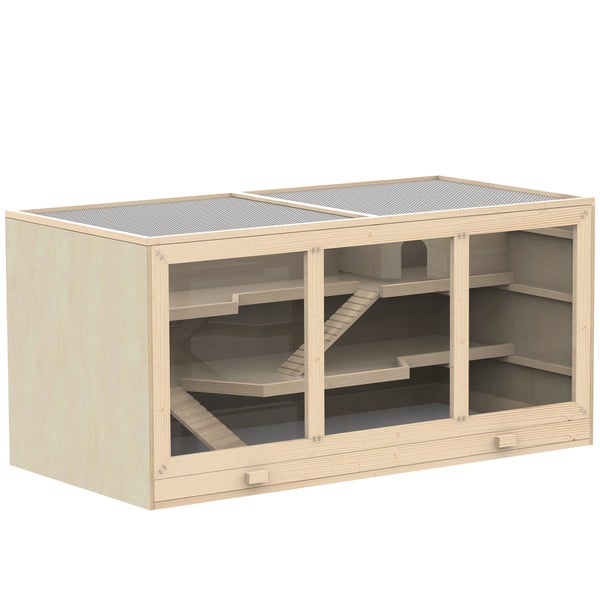 PawHut Zwerghamsterkäfig Nagerkäfig Kleintierstall aus Holz Mäusekäfig mit Treppen Kleintierkäfig Nagervilla Dreistöckig Naturholz 115 x 57 x 55 cm