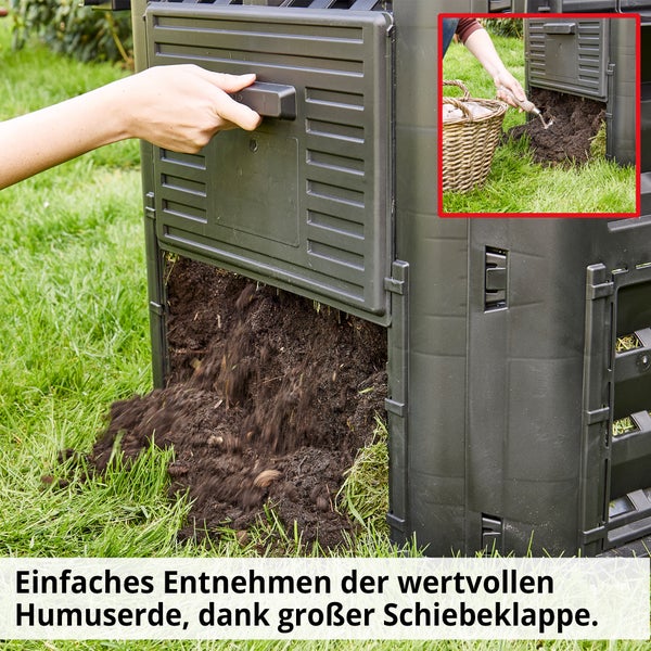 Kompostbehälter mit Entnahmeöffnung und fertiger Komposterde