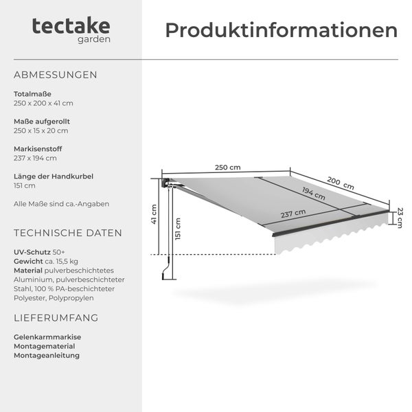 Gelenkarmmarkise tectake Ornella inkl. Wandhalterung verschiedene Größen hellgrau
