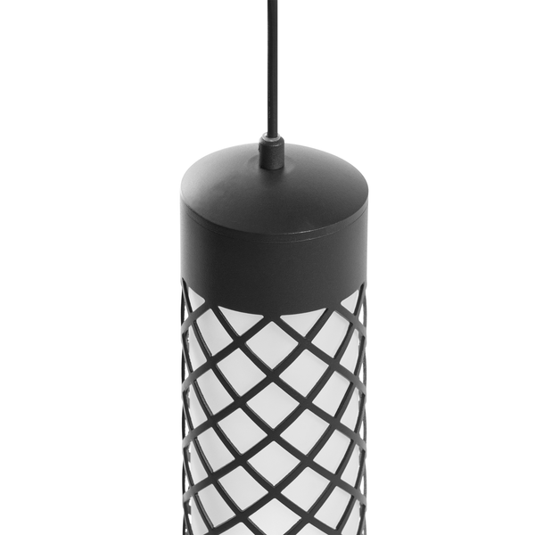 Moderne Pendelleuchte mit zylindrischem Lampenschirm aus Metallgitter und weißem Diffusor zur Deckenmontage