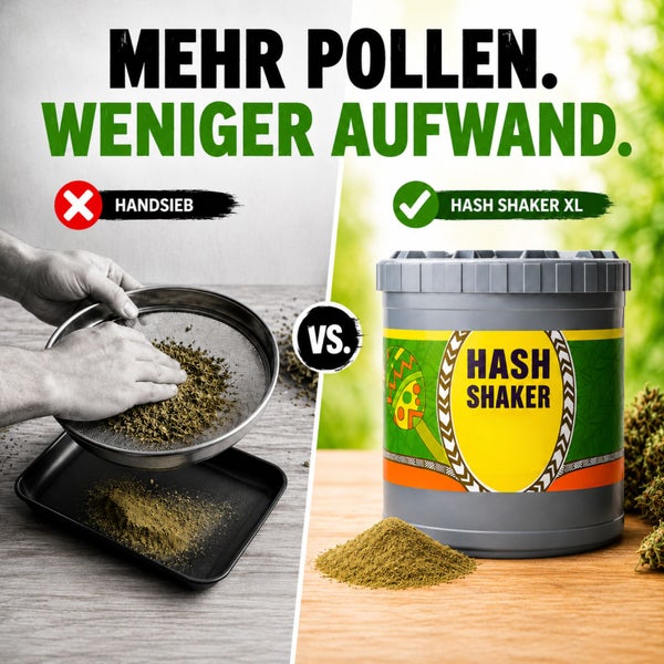 Vergleich der Pollengewinnung mit einem Handsieb gegenüber der effizienteren Methode mit dem Hash Shaker XL.