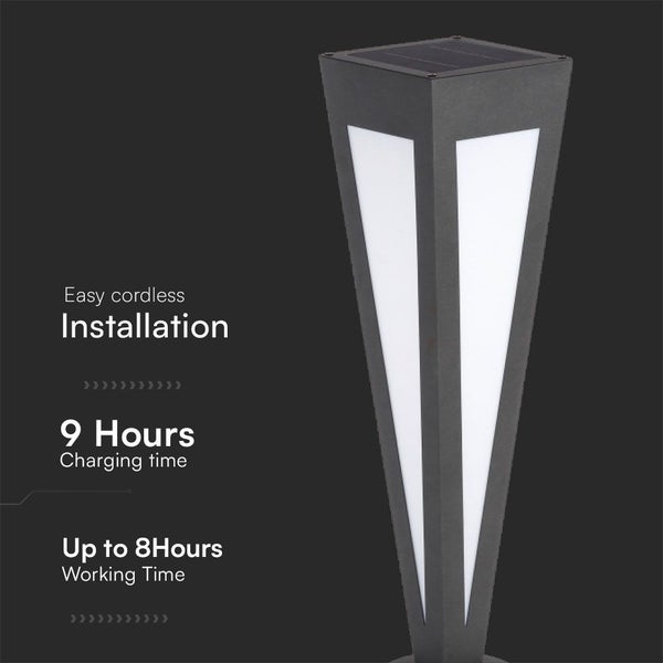 Solarleuchte mit einer Ladezeit von 9 Stunden und einer Betriebszeit von bis zu 8 Stunden.