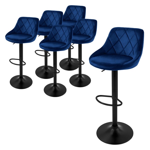 ML-Design Barhocker 6er Set, Bezug aus Samt, Blau, Gepolsterter Barstuhl mit Rückenlehne und Fußstütze, Tresenhocker höhenverstellbar 62-82 cm, 360° drehbar, Bistrohocker Hocker Drehstuhl Barstühle