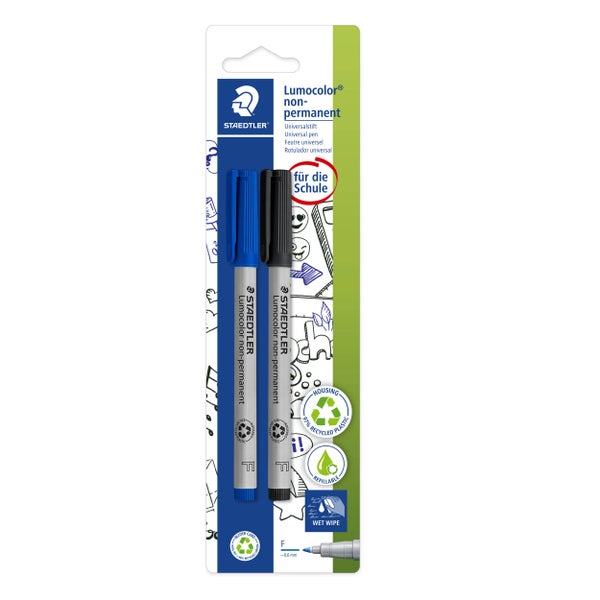 Staedtler Lumocolor non-permanent Universalstifte im Zweierpack mit feiner Spitze in Blau und Schwarz, feucht abwischbar.