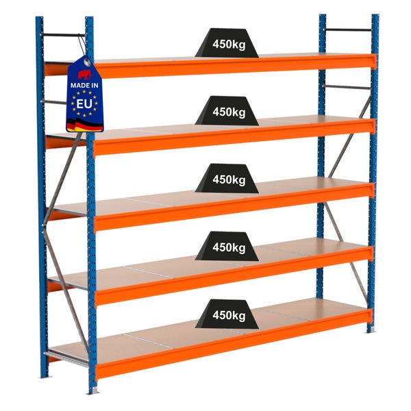 Regal mit fünf Ebenen und einer Belastbarkeit von 450 Kilogramm pro Ebene. Made in EU Siegel.
