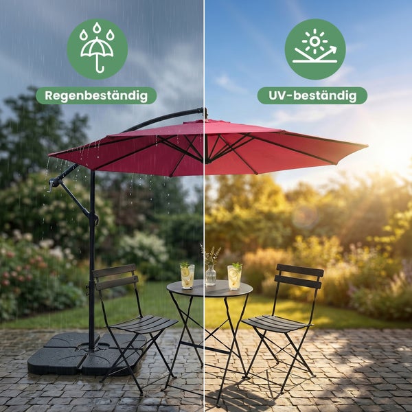 Roter Ampelschirm mit Tisch und Stühlen auf einer Terrasse, gekennzeichnet als regenbeständig und UV-beständig.