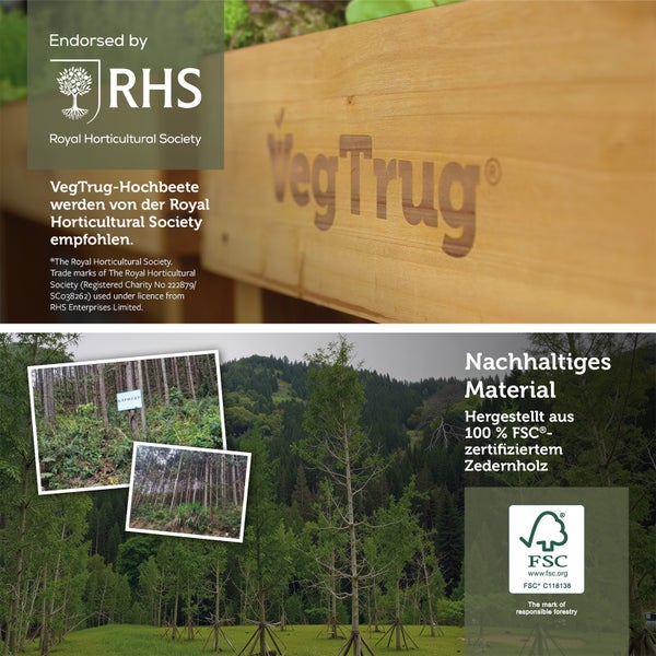 VegTrug Logo und Collage von hölzernen Hochbeeten und Gewächshäusern mit Menschen beim Gärtnern und Ernten von Gemüse, Kräutern und Erdbeeren.