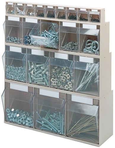 Aufbewahrungssystem mit transparenten Behältern zur Lagerung von Schrauben, Muttern und Kleinteilen