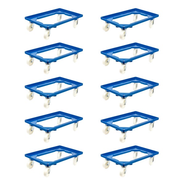 PROREGAL SparSet 10x Transportroller für Euroboxen 60 x 40 cm mit Kunststoffräder Blau Offenes Deck 2 Lenkrollen und 2 Bockrollen Traglast 300 kg