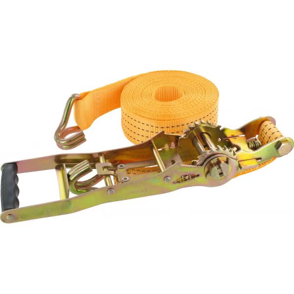 Spanngurt mit Ratschenverschluss und Haken zur Ladungssicherung aus robustem Gewebeband und Metall.