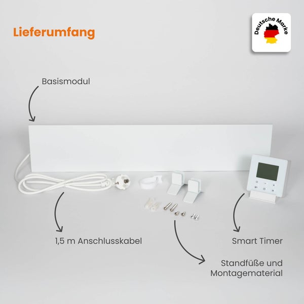 Lieferumfang mit Basismodul, 1,5 Meter Anschlusskabel, Smart Timer, Standfüßen, Montagematerial und Deutsche Marke Logo.