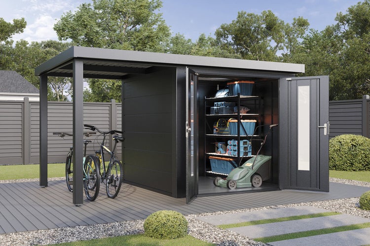 Modernes Gartenhaus aus Metall mit seitlichem Schleppdach, bietet Stauraum für Fahrräder, Werkzeug und Gartengeräte im Garten.