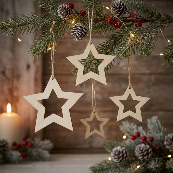Set aus vier hängenden Holzsternen als Weihnachtsdekoration an einem Tannenzweig mit Lichterkette und Zapfen