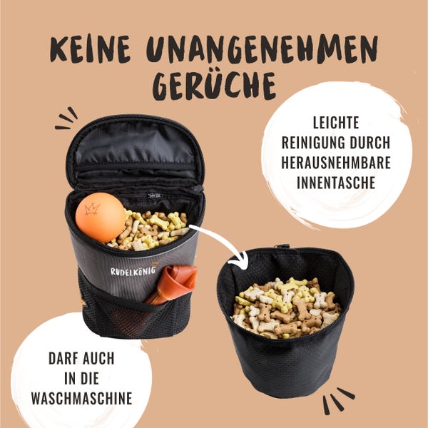 Rudelkoenig Logo Snackbeutel mit Futter, Ball und Leckerlies. Die Tasche ist leicht zu reinigen und waschmaschinengeeignet.