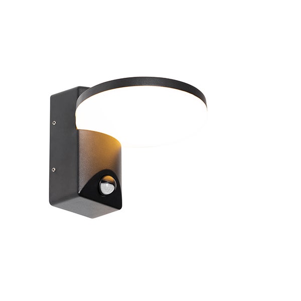 Moderne LED-Außenwandleuchte mit Bewegungsmelder, rundem Leuchtkopf und rechteckigem Gehäuse.