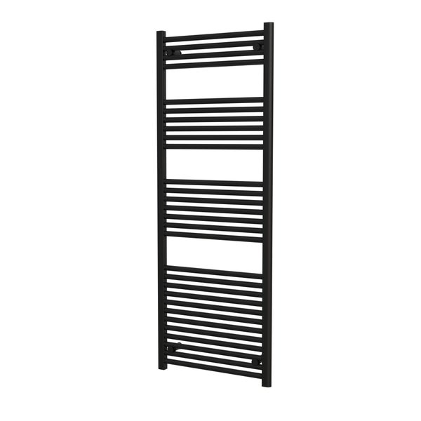 Schwarzer Handtuchwärmer mit horizontalen Heizstäben.