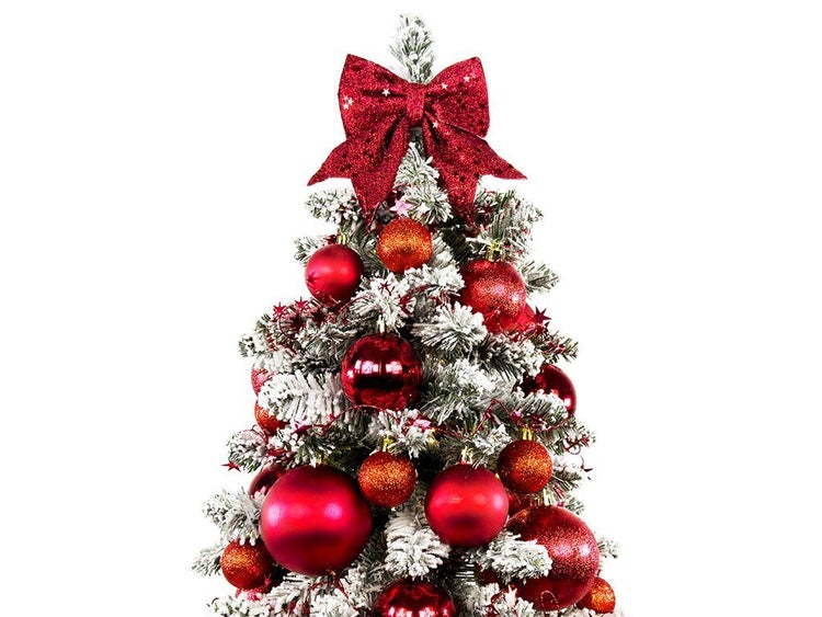 Künstlicher Weihnachtsbaum mit Kunstschnee Dekoration Christbaumkugeln und großer Schleife als Baumspitze