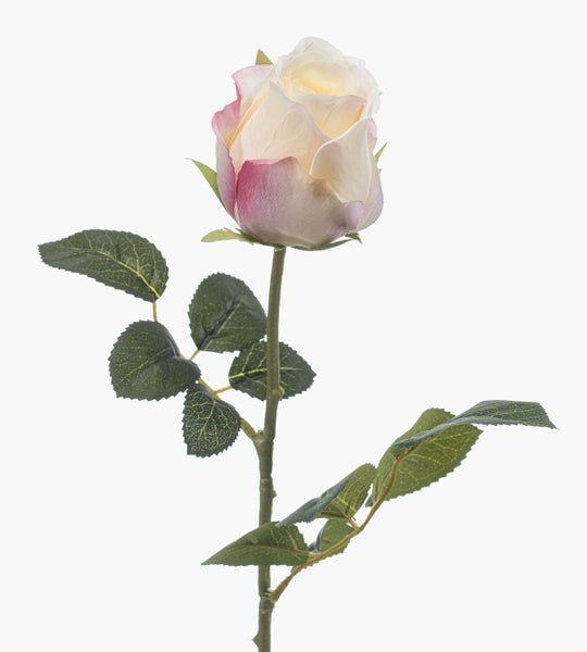 Künstliche Rosenknospe aus Textil in Creme und Rosa.