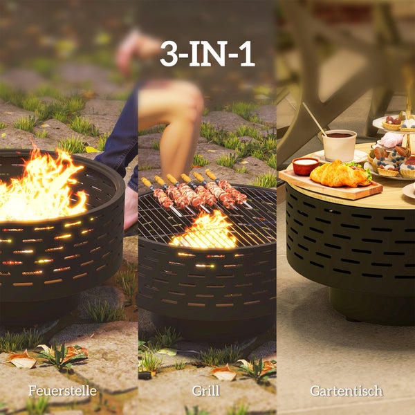 Outsunny 3-in-1 Feuerschale Ø60 x 39cm aus Edelstahl Feuerstelle mit Grillrost Schürhaken Funkenschutz in Holzoptik Feuerschalen Feuerkorb für Garten, Balkon Terrasse, Outdoor BBQ Camping Kohlegrau