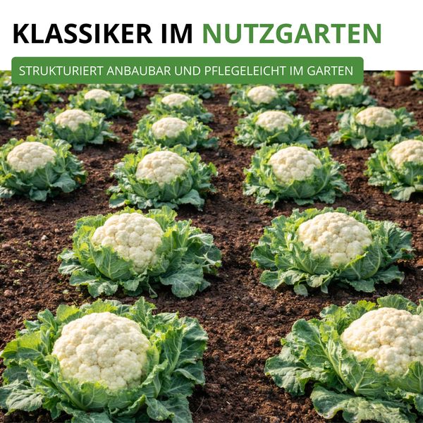 Mehrere Reihen reifer Blumenkohlpflanzen in einem strukturierten Nutzgarten auf Erde.