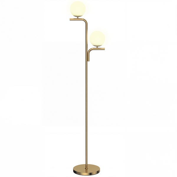 Moderne Stehleuchte mit schlankem Metallgestell in Messing-Optik und zwei kugelförmigen Glasschirmen in unterschiedlichen Höhen.