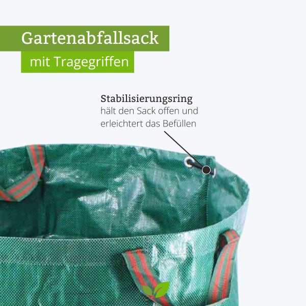 Gartenabfallsack mit Tragegriffen und Stabilisierungsring zum Offenhalten beim Befüllen.