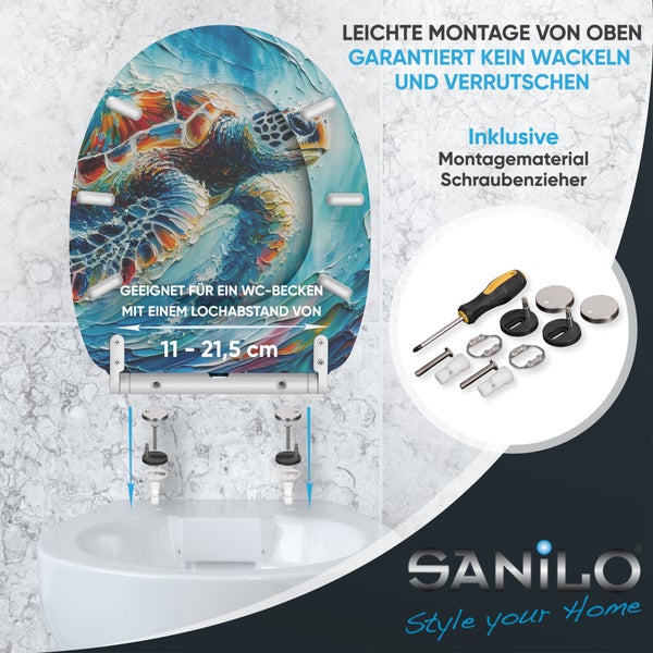 Sanilo WC Sitz mit Meeresschildkröten Motiv, verstellbarem Scharnier für Lochabstand von 11 bis 21,5 Zentimeter und inklusive Montageset.