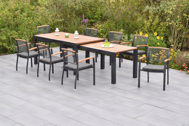 Tilos Gartenmöbelset 17tlg., Stapelsessel inkl. Auflagen, Flex Ausziehtisch 180 (360) x 100 cm