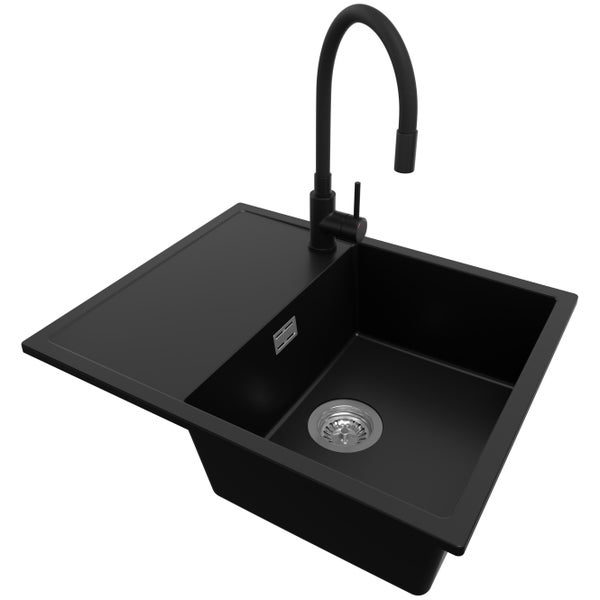 PRIMAGRAN Granitspüle Schwarz 62x50cm, Spülbecken 1 Becken + Küchenarmatur 40x38cm + Ablauf-Set, Küchenspüle ab 45er Unterschrank - Ibiza