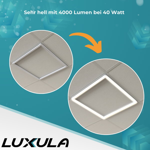 Bild zeigt einen Vergleich eines ausgeschalteten und eingeschalteten LED Panelstrahlers an einer Decke. Luxula Logo.