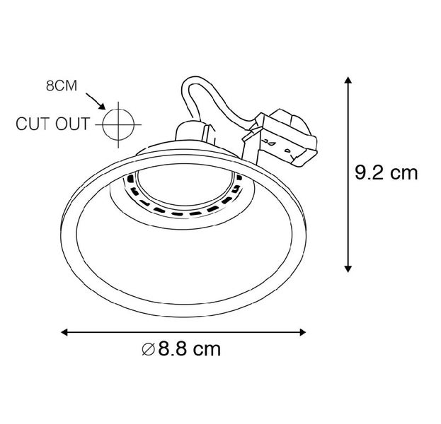 Technische Zeichnung eines Einbaustrahlers mit Maßen: Durchmesser 8,8 Zentimeter, Höhe 9,2 Zentimeter und Lochausschnitt 8 Zentimeter.