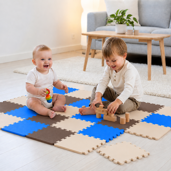 Zwei Kinder spielen auf einer modularen Schaumstoffmatte aus ineinandergreifenden Puzzleteilen in einem hellen Wohnzimmer.