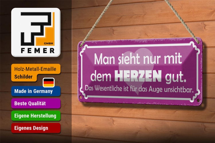 Blechschild Spruch 27x10cm man sieht nur mit dem Herzen gut Dekoration