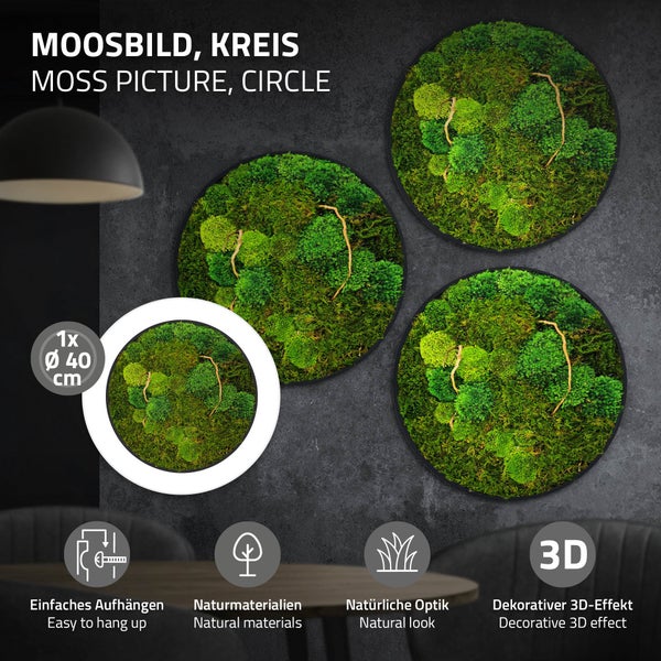 Rundes Moosbild mit 40 Zentimeter Durchmesser aus echten Naturmaterialien mit dreidimensionaler Optik und einfacher Wandmontage.