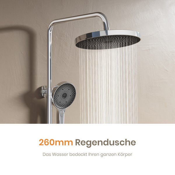 EMKE Duschsystem mit Thermostat, Chrom, 36×24 cm Regendusche & Handbrause mit 3 Strahlarten, höhenverstellbare 1100 mm Brausestange, 355 mm Auslauf, 1,5 m Schlauch, Duscharmatur
