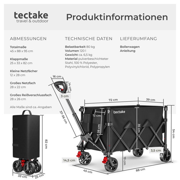 tectake Logo. Produktinformationen zum faltbaren Bollerwagen mit Abmessungen, 80 Kilogramm Belastbarkeit und 120 Liter Volumen.