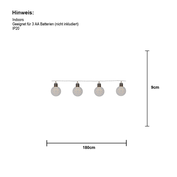 Lichterkette mit Kugeln und Schneeflockenmuster, geeignet für den Innenbereich, 180 cm lang