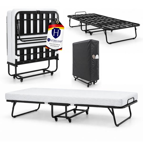 Klappbett mit Matratze und Metallrahmen, rollbar, zusammenklappbar inklusive Schutzhülle für platzsparende Aufbewahrung als Gästebett.