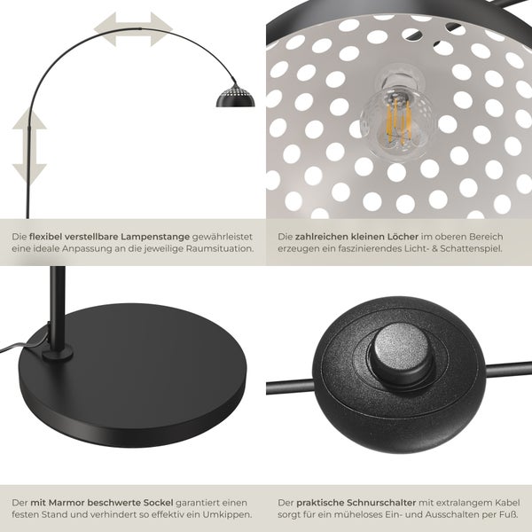 Detailansicht einer schwarzen Stehlampe mit verstellbarem Lampenfuß, marmorbeschwertem Sockel, kleinen Löchern im oberen Bereich und einem praktischen Schnurschalter