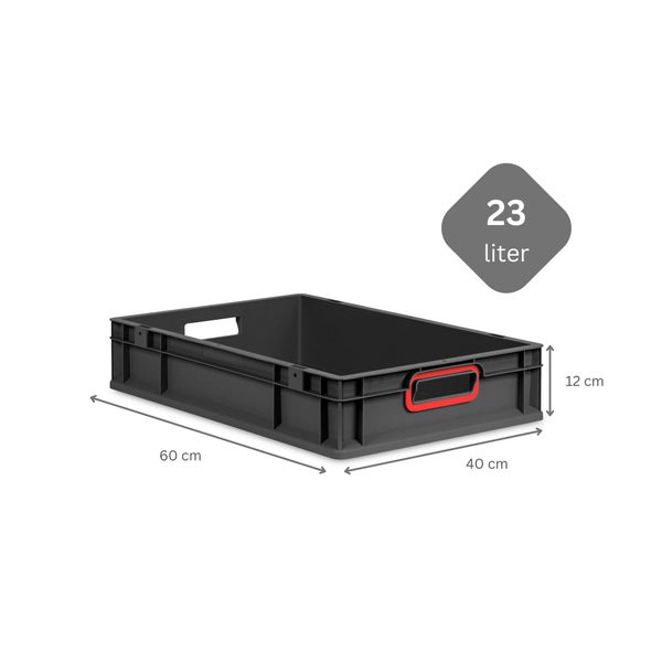 PROREGAL SuperSparSet 8x Eurobox NextGen Color mit Scharnierdeckel und Schiebeschnappverschlüssen, HxBxT 12x40x60cm, 23 Liter, Schwarz, Griffe rot offen, Eurobehälter, Transportbox, Transportbehälter, Stapelbehälter