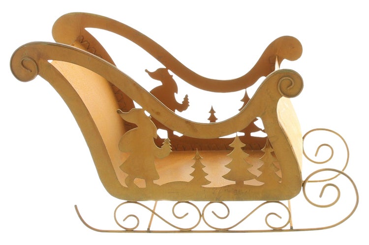 Dekorative Weihnachtsschlittenfigur mit Santa Claus und Tannenbaumdesign.