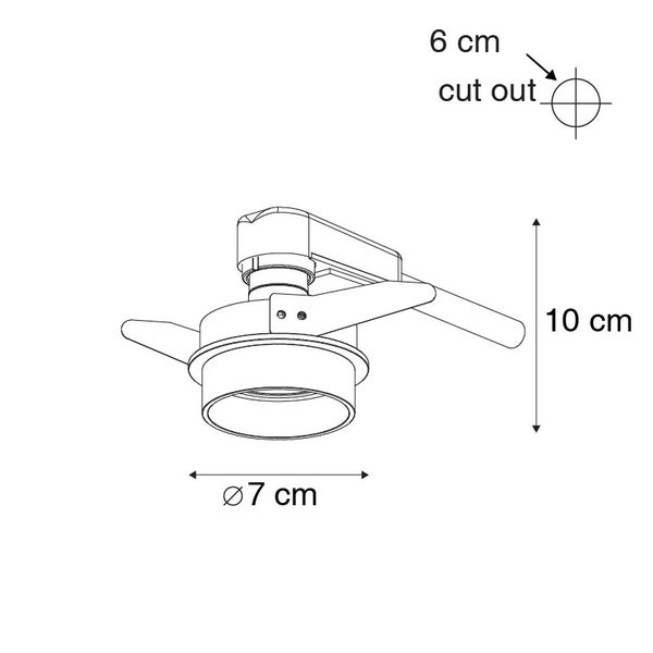Technische Zeichnung einer Leuchte mit Maßen: Durchmesser 7 Zentimeter, Höhe 10 Zentimeter und Lochausschnitt 6 Zentimeter.