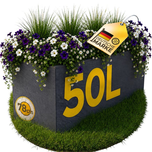 Rechteckiger Pflanzkasten in Steinoptik mit Blumen und Ziergräsern, Fassungsvermögen 50 Liter, Länge 78 Zentimeter, deutsche Marke.