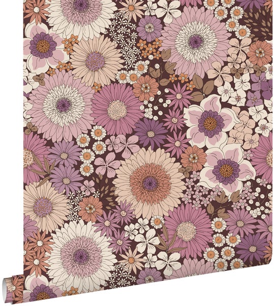 ESTAhome Tapete Retro Blumen mauve-violett und Terrakottarosa - 50 x 900 cm - 131319